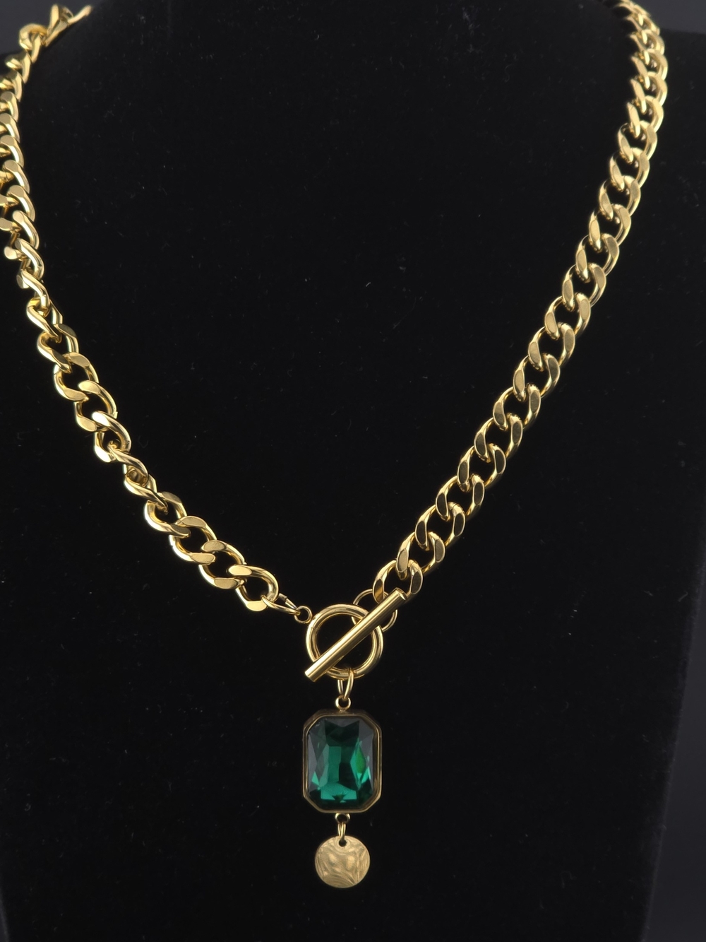 Gold-Tone Chain Necklace with Green Charm  Pendant - Picture 4 of 6